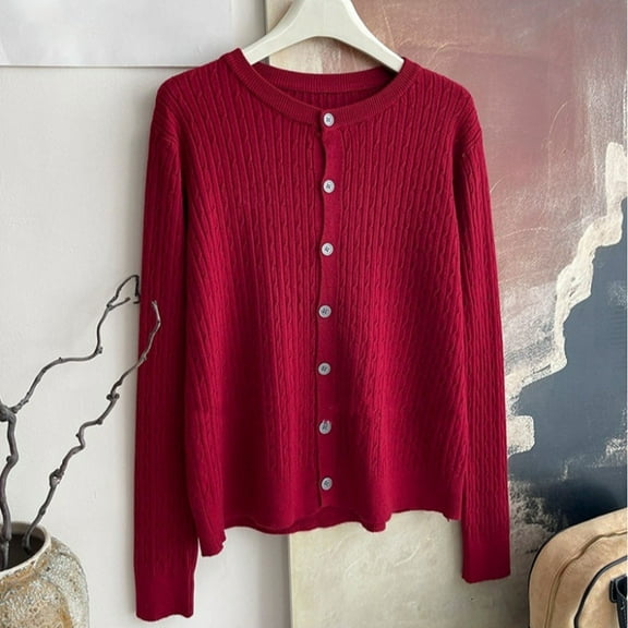 EchfiProm Womens Long Sleeve Tops Fall Cardigan Wine Ribbed Crew Neck Solid Sweater for Womens Loose