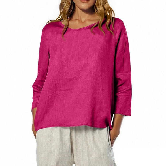 EchfiProm Womens Long Sleeve Tops Fall Cotton Linen Shirts Crew Neck Hot Pink Loose Solid Blouse for Women