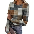 thumbnail image 1 of EchfiProm Womens Long Sleeve Tops Plaid Fall Pullover Slim Fit Ribbed Brown Shirts for Ladies Crew Neck, 1 of 8