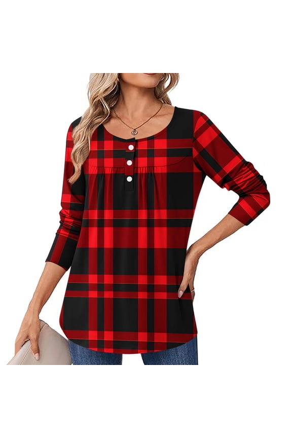 Womens Long Sleeve Tops Red Fall Plaid Loose Crew Neck T-Shirt for Ladies