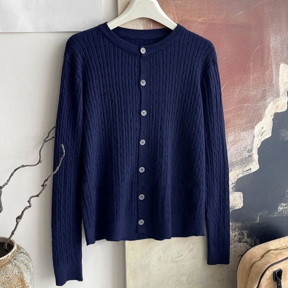 EchfiProm Womens Long Sleeve Tops Ribbed Cardigan Fall Navy Crew Neck Loose Sweater for Womens