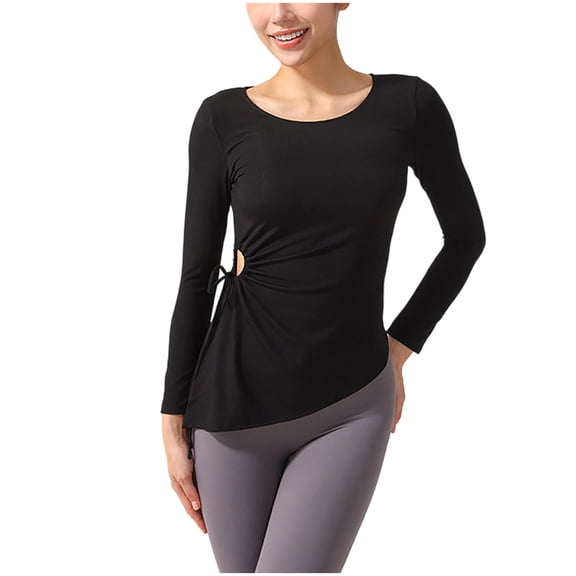 EchfiProm Womens Long Sleeve Tops Slim Casual Crew Neck Black Solid Asymmetrical Hem T-Shirt for Ladies