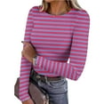 thumbnail image 1 of EchfiProm Womens Long Sleeve Tops Slim Winter Striped Hot Pink Crew Neck Ribbed T-Shirt for Ladies, 1 of 8