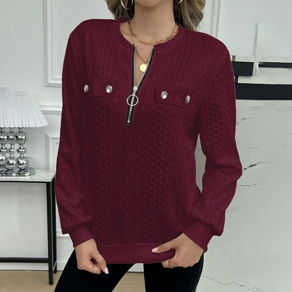 EchfiProm Womens Long Sleeve Tops V-Neck Winter Pullover Half Zip Solid Wine Sweater for Ladies