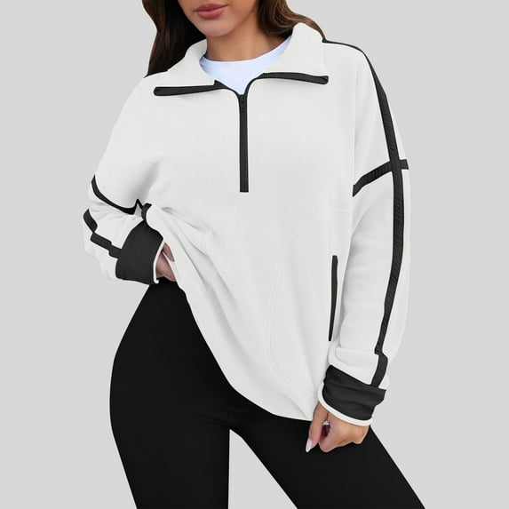 EchfiProm Womens Long Sleeve Tops Winter White Pullover V-Neck Half Zip Colorblock Loose Sweatshirt for Womens