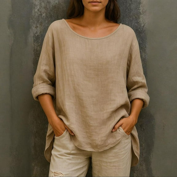 EchfiProm Womens Loose Tops Cotton Linen Blouse Khaki Solid Crew Neck Shirts for Womens Fall