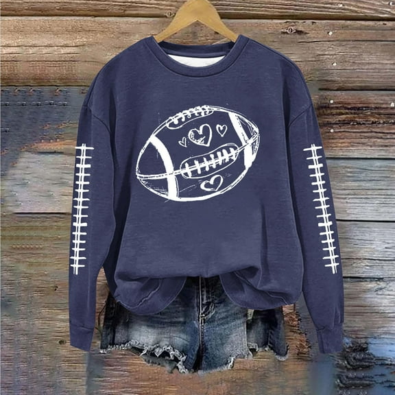 EchfiProm Womens Navy Tops Long Sleeve Pullover Football Loose Crew Neck Hoodless Sweatshirt for Womens