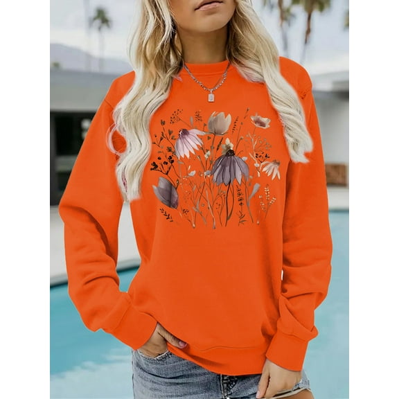 EchfiProm Womens Orange Tops Floral Pullover Y2k Long Sleeve Crew Neck Sweatshirt for Womens