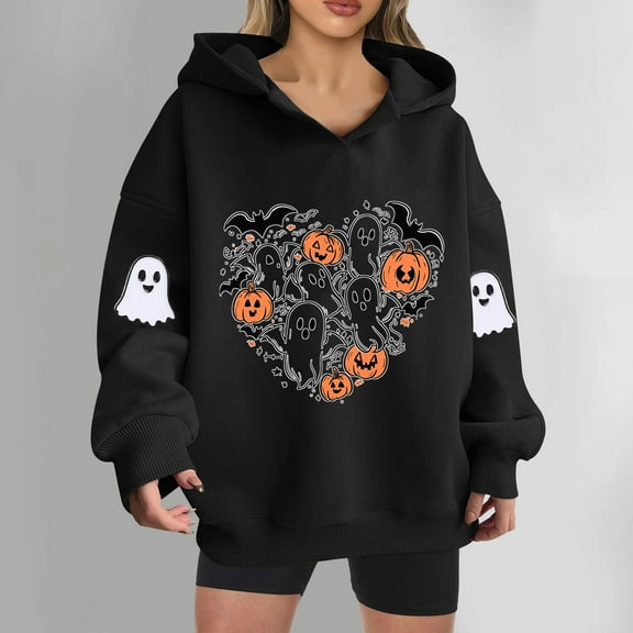 EchfiProm Womens Oversized Sweatshirt Hooded Black Ghost Print Casual Long Sleeve Tops for Ladies Heavyweight L