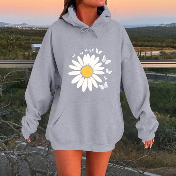 EchfiProm Womens Oversized Sweatshirts Hooded Floral Hoodies with Pockets Gray Pullover Long Sleeve Tunic Tops for Ladies Cute