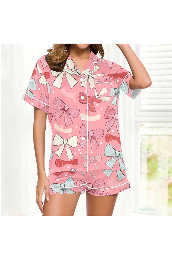 Womens Pajamas Valentines Set Short Sets Red Soft Loungewear Bow Print Button down 2 Piece Pjs for Young Women