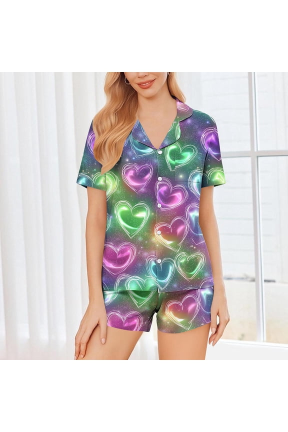 Womens Pajamas Valentines Set Short Sets Sleepwear Button down Love Heart 2 Piece Pjs for Ladies Summer