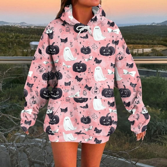 EchfiProm Womens Pink Sweatshirt Hooded Oversized with Pocket Ghost Print Pullover Long Sleeve Tops for Ladies Cute L