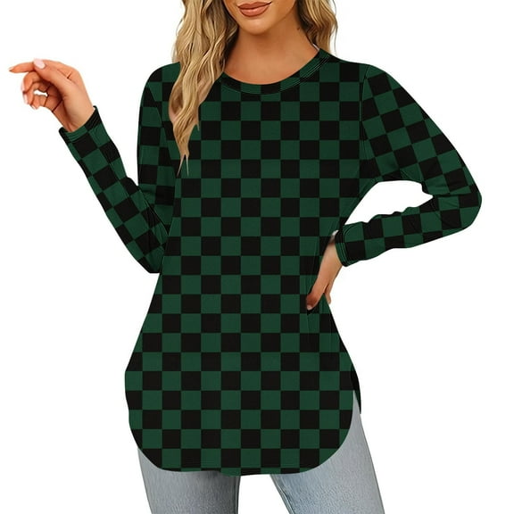EchfiProm Womens Plaid Tops Long Sleeve Army Green Blouse Trendy Crew Neck Shirts for Ladies Relaxed Fit