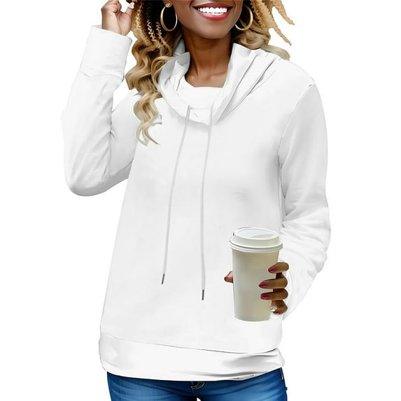 EchfiProm Womens Plain Sweatshirts Cowl Neck Tops Long Sleeve Fall White Loose Pullover Drawstring for Ladies