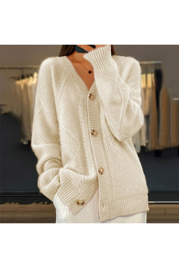 Womens Pullover Sweaters,Long Sleeve Beige Solid Color Cable Knit Casual V-neck Button Down Cardigan Sweater