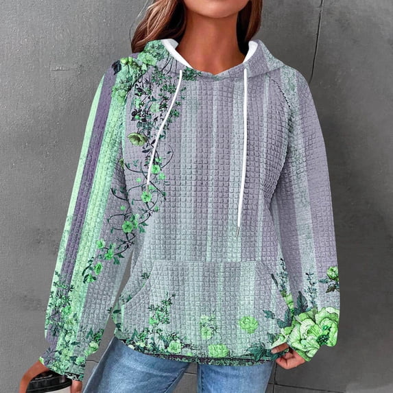 EchfiProm Womens Pullover Sweatshirt with Pockets Green Hoodies Long Sleeve Hooded Vintage Trendy Tops for Ladies Waffle