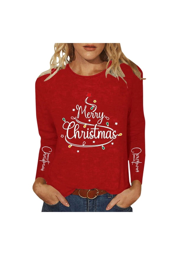 Womens Red Shirts Christmas Long Sleeve Outfits Plus Size Ugly Christmas Crew Neck Blouse for Female Graphic