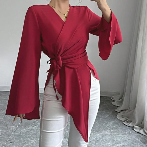 EchfiProm Womens Red Tops Long Sleeve Bell Sleeve Fall V-Neck Tie up Slim Shirt for Ladies