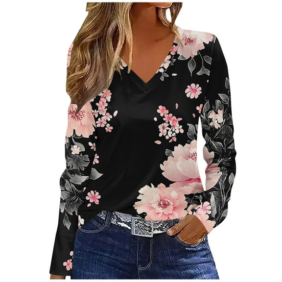 EchfiProm Womens Relaxed Fit Tops V-Neck Long Sleeve Black Fall Floral T-Shirt for Women
