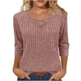 thumbnail image 1 of EchfiProm Womens Ribbed T-Shirts 3/4 Sleeve V-Neck Tops Pink Winter Relaxed Fit Pullover for Ladies Solid, 1 of 7