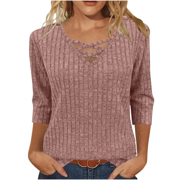 EchfiProm Womens Ribbed T-Shirts 3/4 Sleeve V-Neck Tops Pink Winter Relaxed Fit Pullover for Ladies Solid