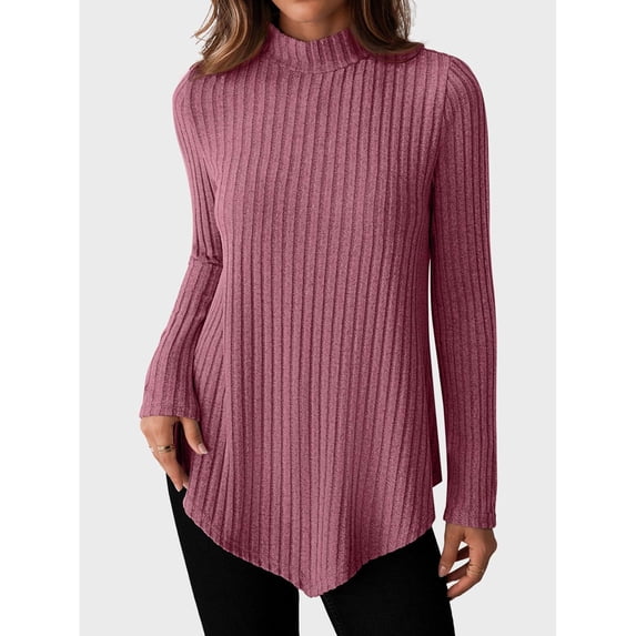 EchfiProm Womens Ribbed Tops Long Sleeve Trendy Shirts Pink Tunic Blouse Asymmetrical Hem Mock Neck for Ladies Solid