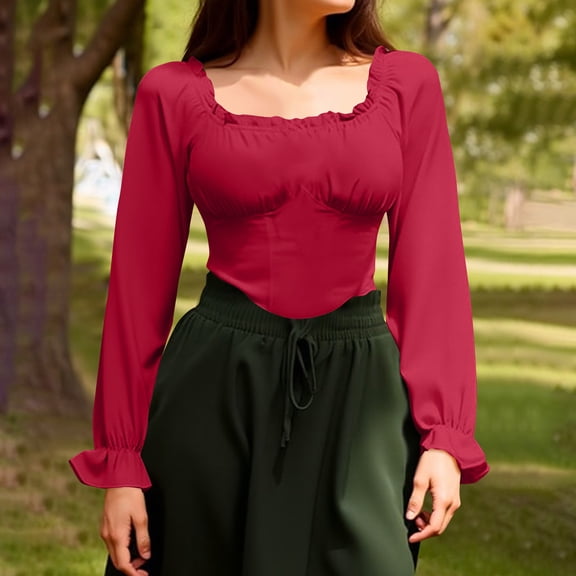 EchfiProm Womens Ruffle Sleeve Crop Tops Square Neck T-Shirts Fall Long Sleeve Red Slim for Women Solid