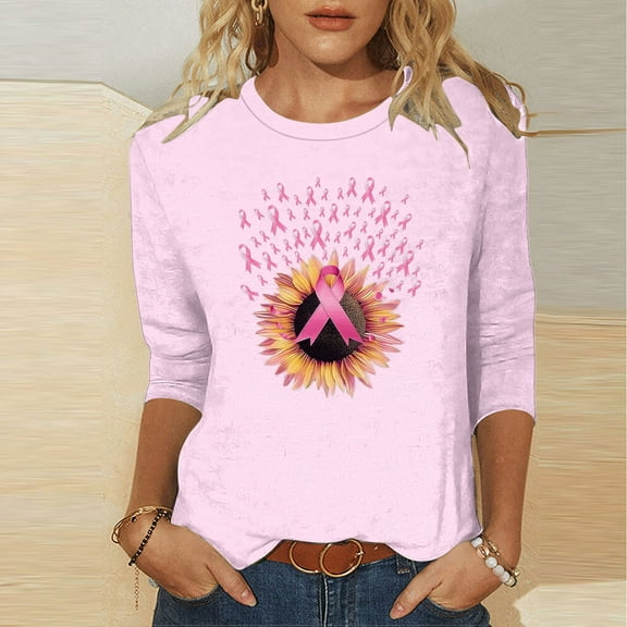 EchfiProm Womens Shirts 3/4 Sleeve Pink Breast Cancer Pullover Crew Neck Y2k Loose Fit Blouse
