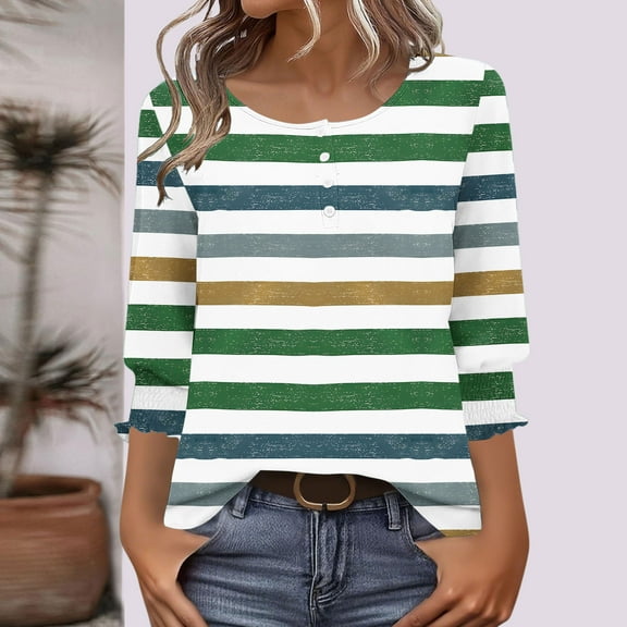 EchfiProm Womens Shirts Casual Green Striped 3/4 Sleeve Pullover Crew Neck Loose Fit Cute Blouse