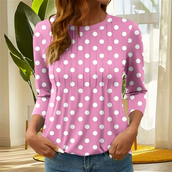 EchfiProm Womens Shirts Casual Pink 3/4 Sleeve Pullover Polka Dot Relaxed Fit Crew Neck Casual Tops