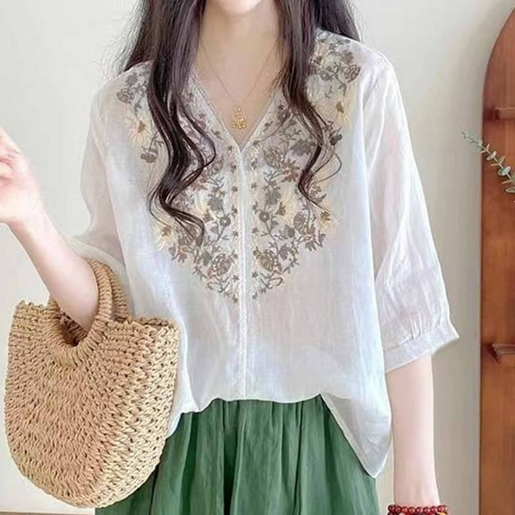 EchfiProm Womens Shirts Casual V-Neck White 3/4 Sleeve Pullover Relaxed Fit Cotton Linen Business Casual Embroidered Flowers Tops
