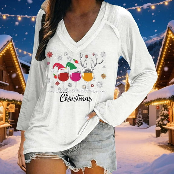 EchfiProm Womens Shirts Christmas Graphic Outfits V Neck Long Sleeve Santa Print Xmas Tee Shirts for Female