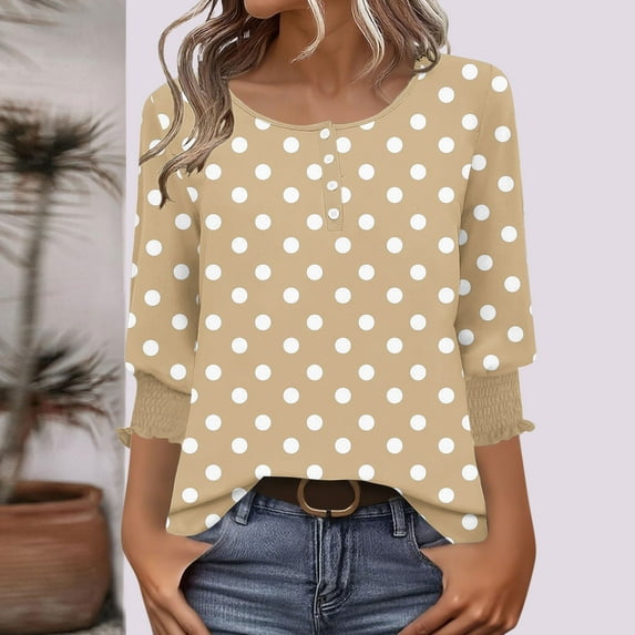 EchfiProm Womens Shirts Khaki 3/4 Sleeve Pullover Crew Neck Loose Fit Polka Dot Summer Blouse