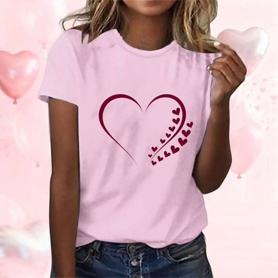 EchfiProm Womens Shirts Love Heart Graphic Tee Valentine Pink Cute Casual Valentine Day Tops for Adult
