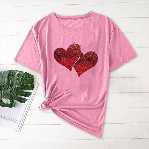 EchfiProm Womens Shirts Love Heart Valentine Day Graphic Tee Short Sleeve Pink Basic Valentine Tops for Women Cute