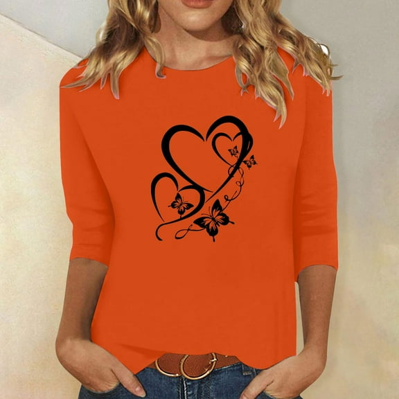 EchfiProm Womens Shirts Orange 3/4 Sleeve Pullover Crew Neck Fashion Graphic Loose Fit Shirts
