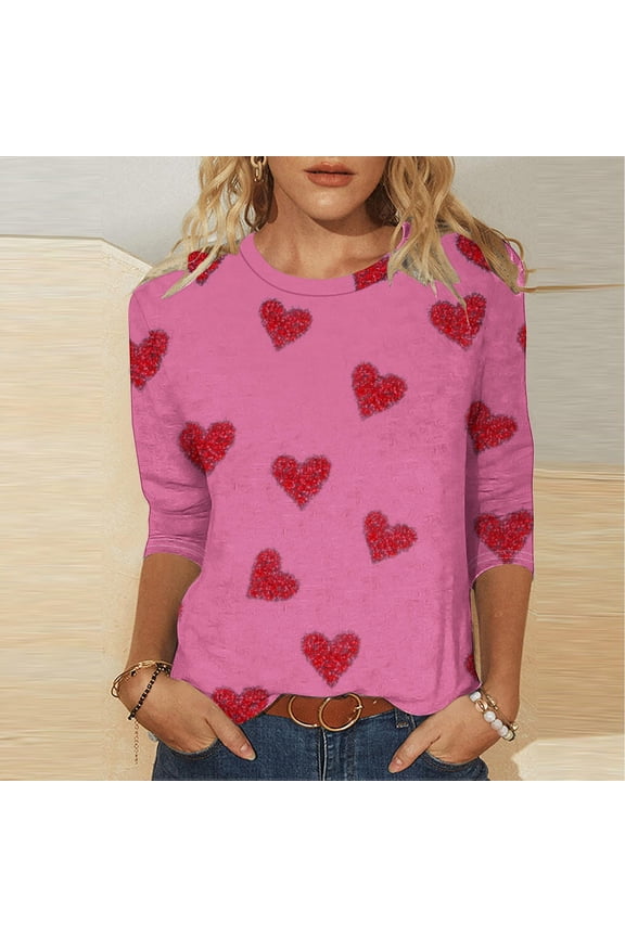 Womens Shirts T-Shirt Love Heart Valentines Day Valentine Plus Size Holiday Top for Women Hot Pink