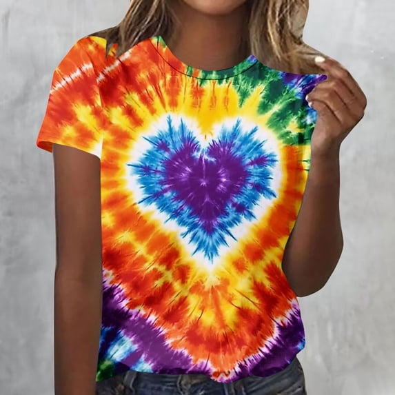 EchfiProm Womens Shirts Tie Dye Heart Graphic Tee Valentine Casual Cute Short Sleeve Plus Size Tops for Women Valentine Day