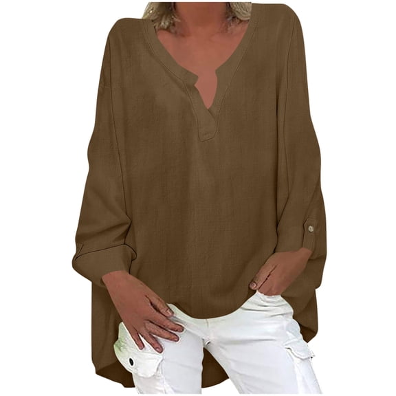 EchfiProm Womens Shirts Tunic Long Sleeve Tops Winter Blouse V-Neck Brown Loose for Ladies Solid