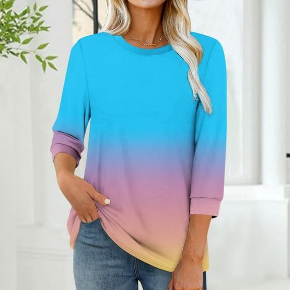 EchfiProm Womens Sky Blue T-Shirts Dressy Casual Crew Neck Tops 3/4 Sleeve Winter Pullover Loose Gradient for Women