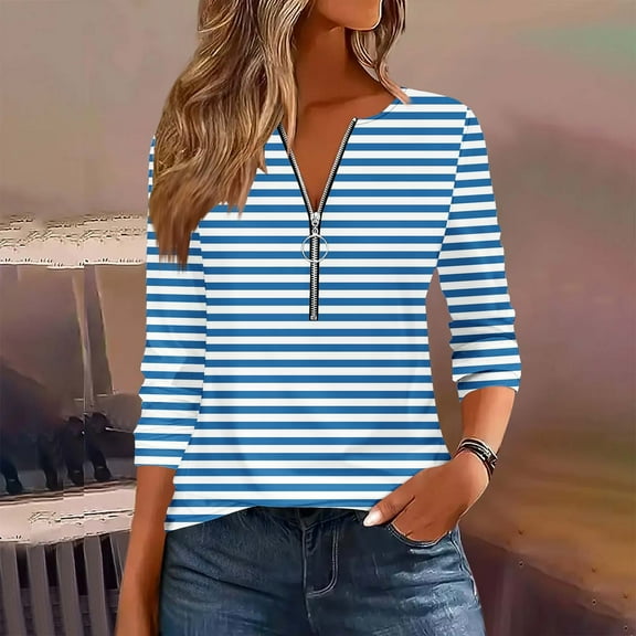 EchfiProm Womens Sky Blue Tops Half Zip V-Neck Pullover Long Sleeve Relaxed Fit Casual T-Shirt for Womens