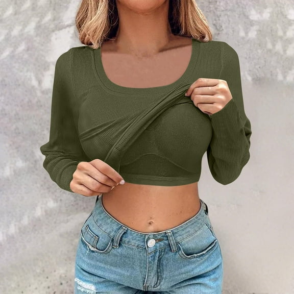 EchfiProm Womens Slim Fit Tops Green Square Neck Pullover Plain with Built in Bra Winter Undershirts for Womens Long Sleeve