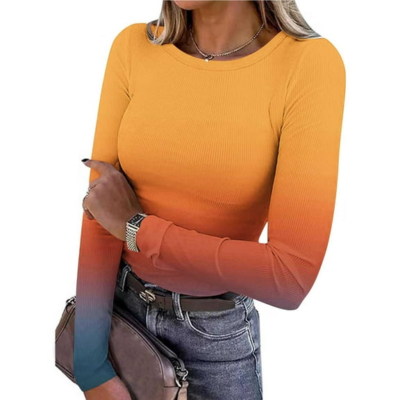 EchfiProm Womens Slim T-Shirts Orange Winter Tops Crew Neck Ribbed Gradient Pullover Long Sleeve for Ladies