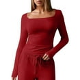 thumbnail image 1 of EchfiProm Womens Slim Tops Fall Basic T-Shirts Square Neck Wine Pullover Solid for Women Long Sleeve, 1 of 7