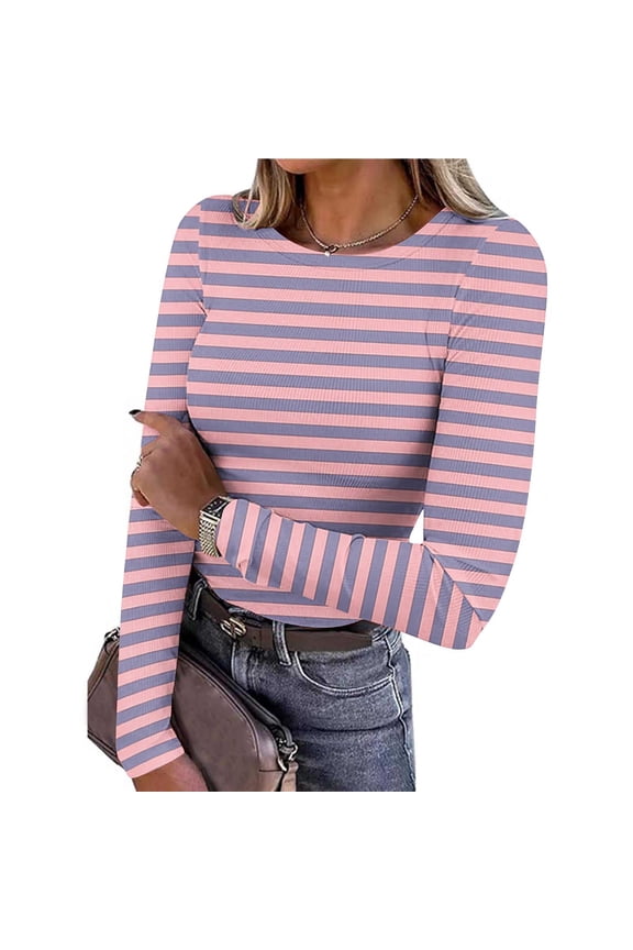 Womens Slim Tops Long Sleeve Striped Crew Neck Y2k Ribbed T-Shirt for Women Pink