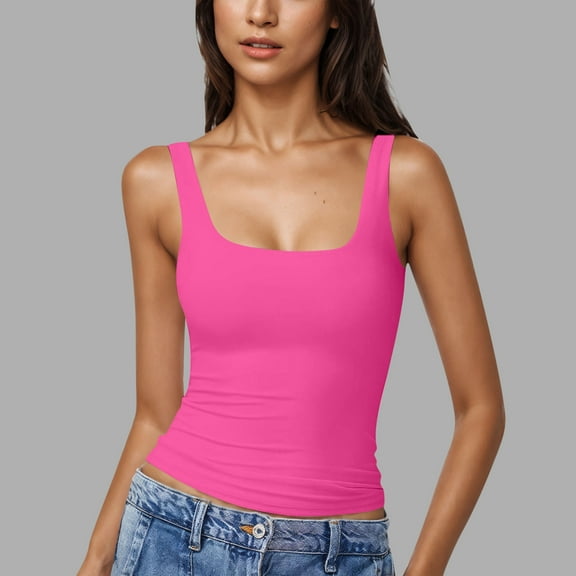 EchfiProm Womens Square Neck T-Shirts Hot Pink Fall Tops Sleeveless Slim Pullover Solid for Women