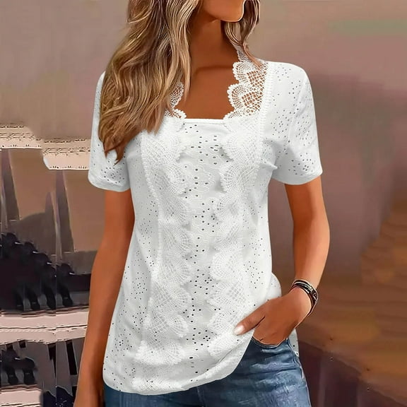 EchfiProm Womens Square Neck Tops Trendy White T-Shirts Lace Pullover Short Sleeve for Ladies Eyelet
