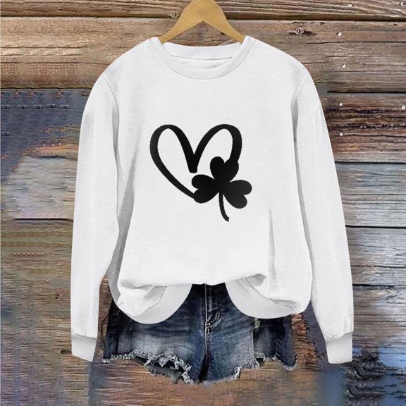 EchfiProm Womens St.Patricks Day Sweatshirt Crewneck White Pullover Heart Shamrocks St.Patricks Day Lightweight Tops for Ladies