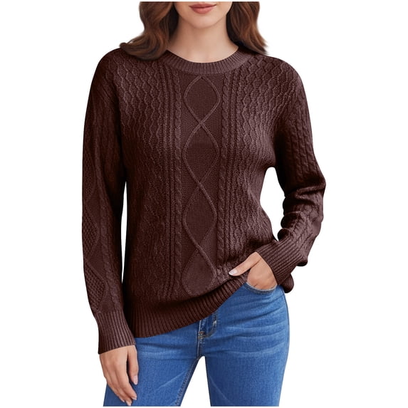 EchfiProm Womens Sweaters Brown Cable Knit Pullover Crewneck Plus Size Christmas Cozy Long Sleeve Tops for Adults